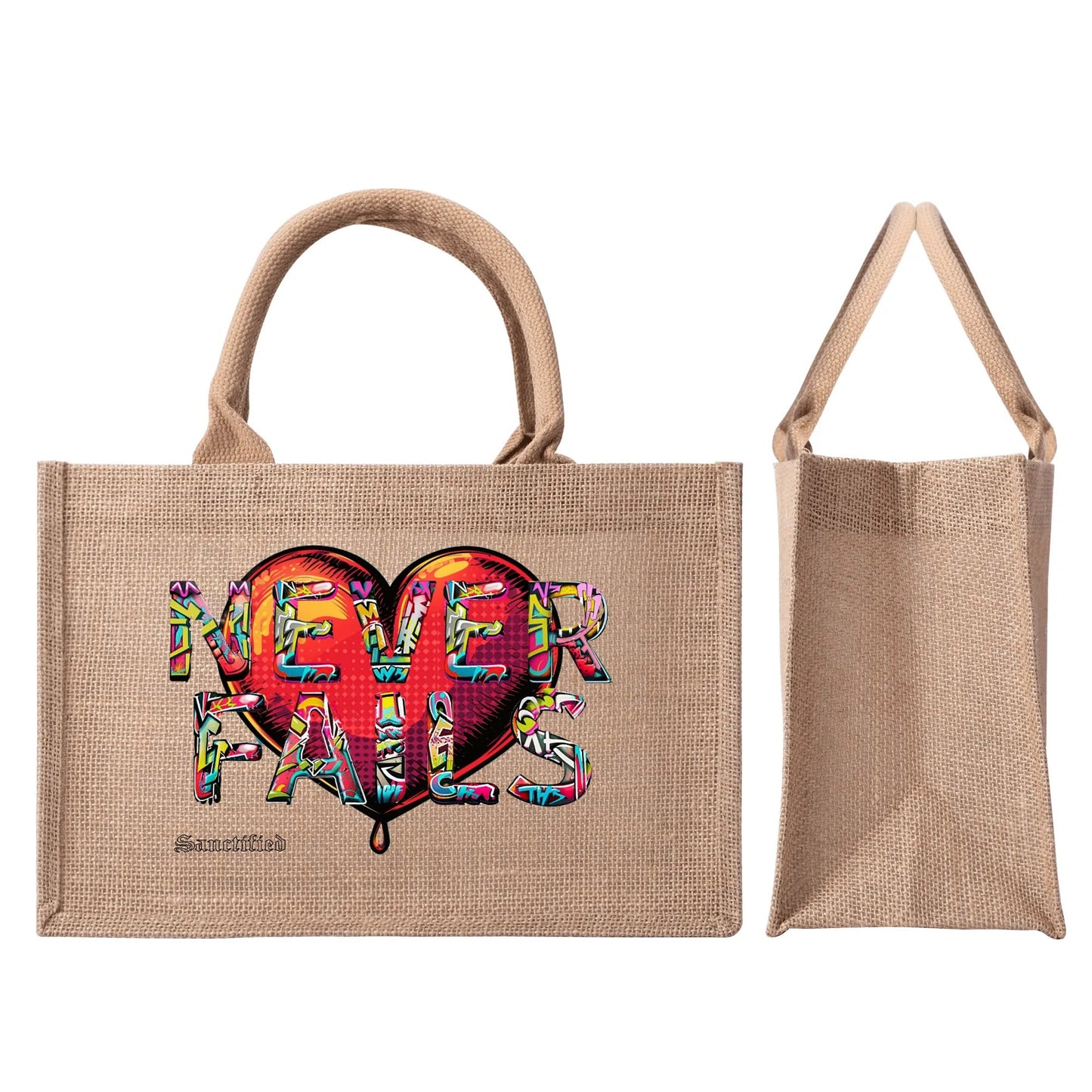 LOVE NEVER FAILS- Custom Reusable Jute Burlap Tote Bag