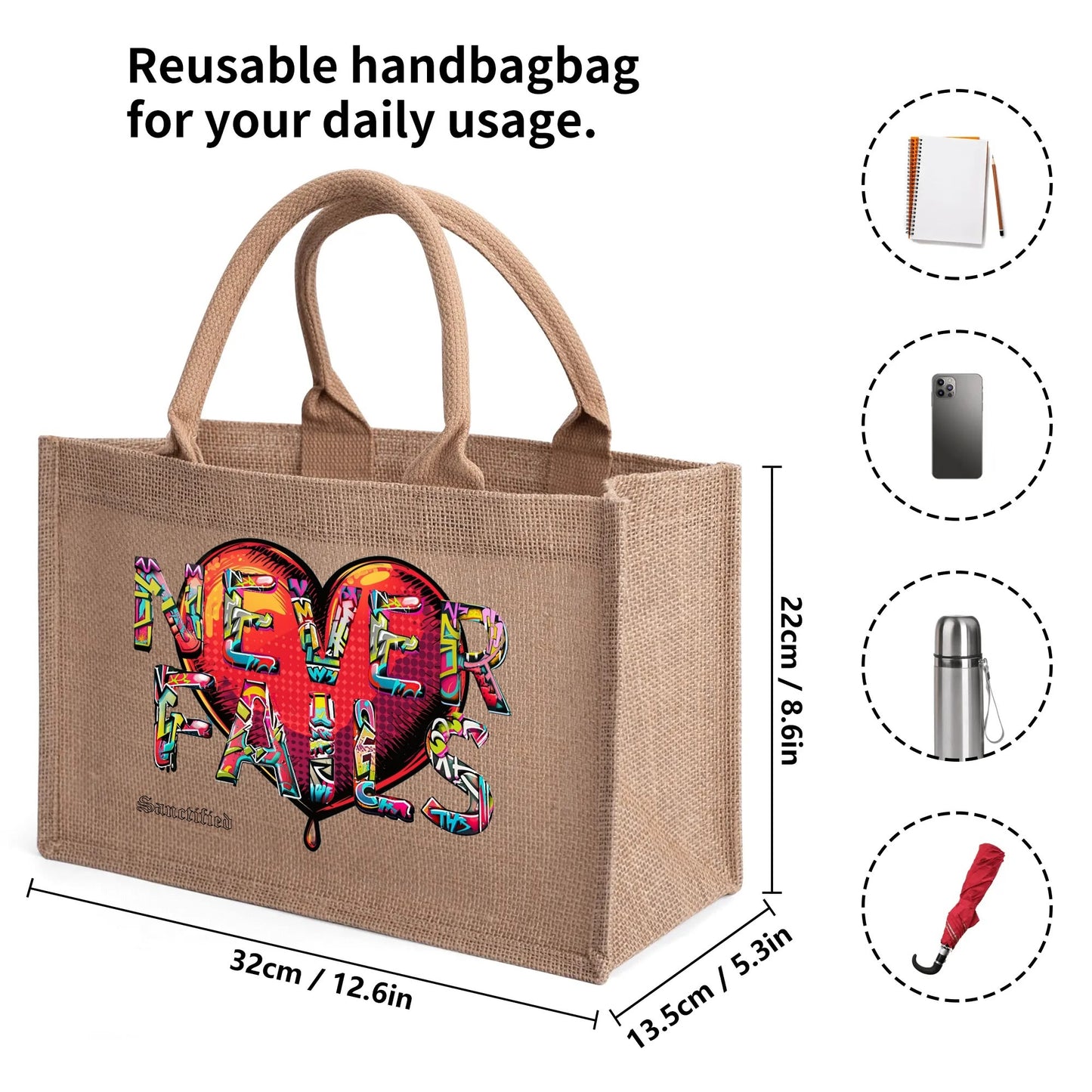 LOVE NEVER FAILS- Custom Reusable Jute Burlap Tote Bag