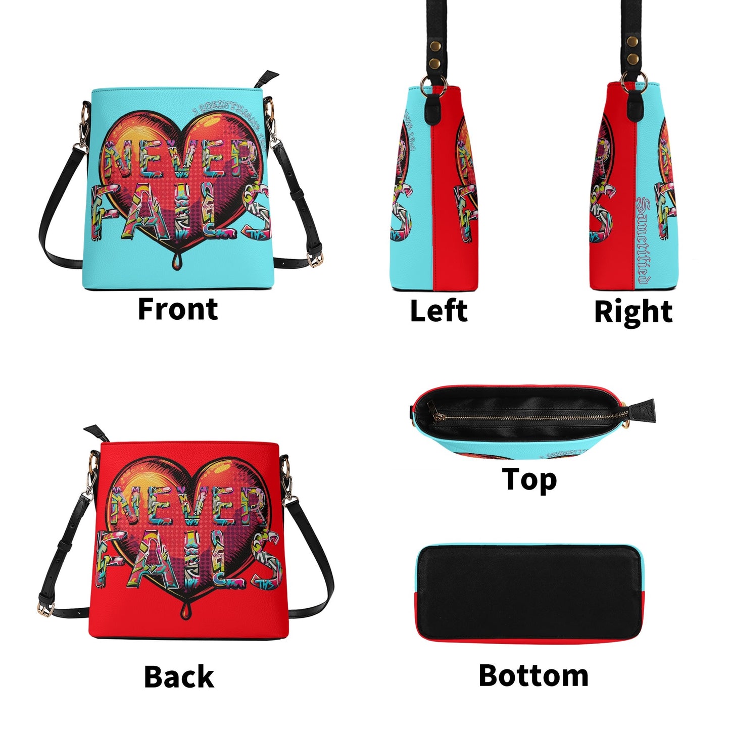 LOVE NEVER FAILS- Womens PU Bucket Bag Shoulder Bag, FREE SHIPPING