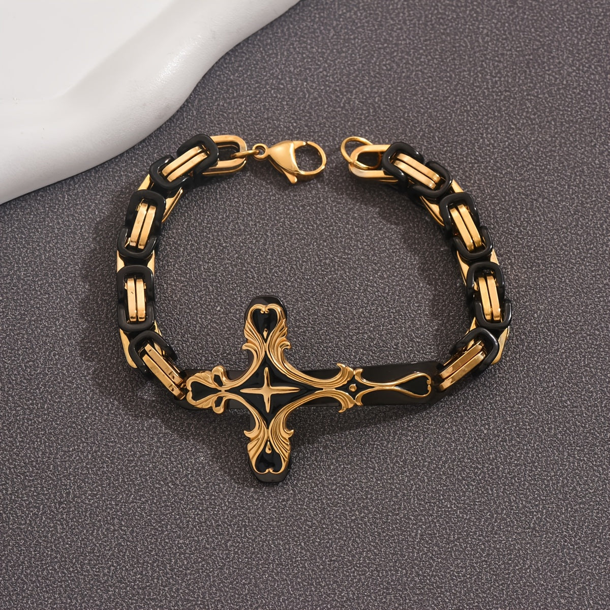 Beautifully Carved Stainless Steel Cross 8 Thick Cuban Chain Bracelet