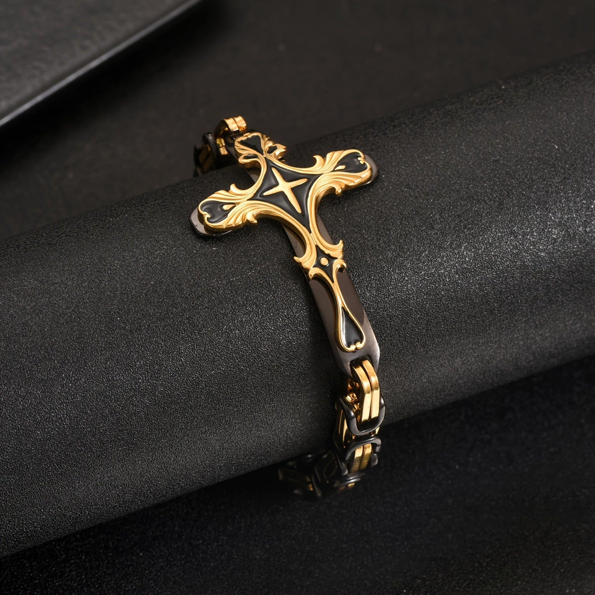Beautifully Carved Stainless Steel Cross 8 Thick Cuban Chain Bracelet