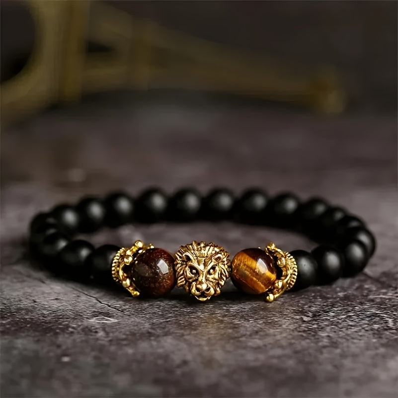 1pc Natural Yellow Tiger Eye Black Round Bead Elastic Bracelet