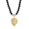 Lion Head Pendant Necklace with 8mm Black Agate Beads - Stainless Steel, 18K Golden Plated