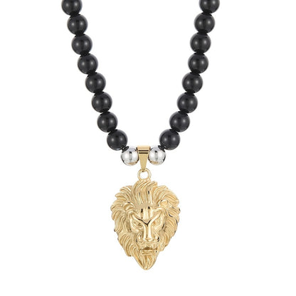 Lion Head Pendant Necklace with 8mm Black Agate Beads - Stainless Steel, 18K Golden Plated