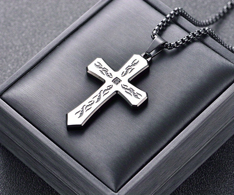 Stainless Steel Cross Pendant Necklace with Corroded Flame Design
