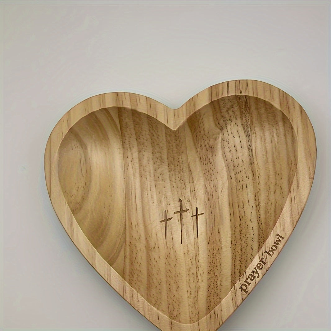 Wooden Prayer Bowl Heart-Shaped With Engraved Cross & "Prayer" Text