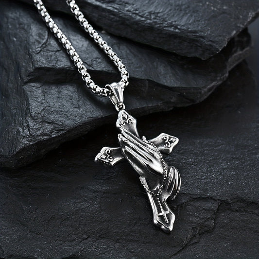 Stainless Steel Praying Hand Necklace with Cross Charm