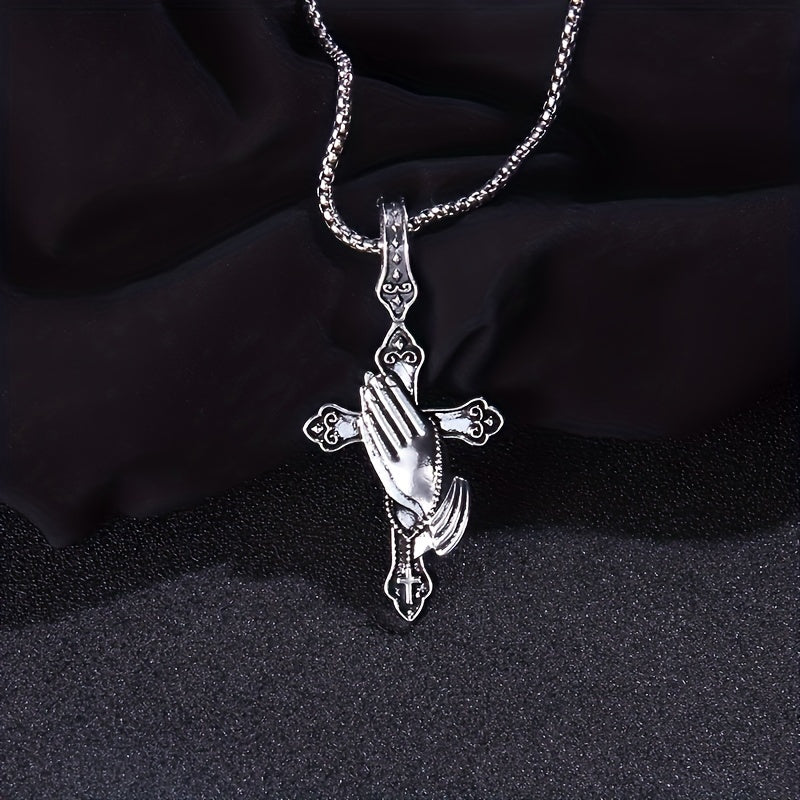 Stainless Steel Praying Hand Necklace with Cross Charm