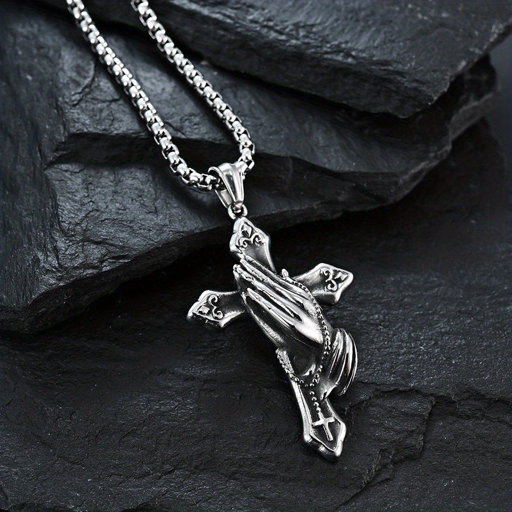 Stainless Steel Praying Hand Necklace with Cross Charm