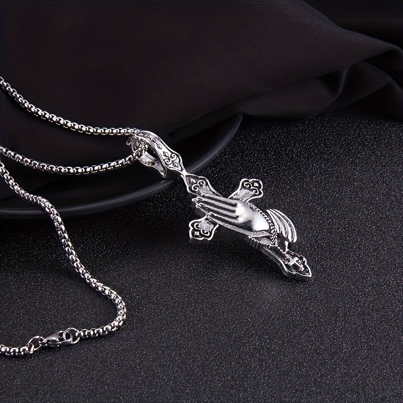 Stainless Steel Praying Hand Necklace with Cross Charm