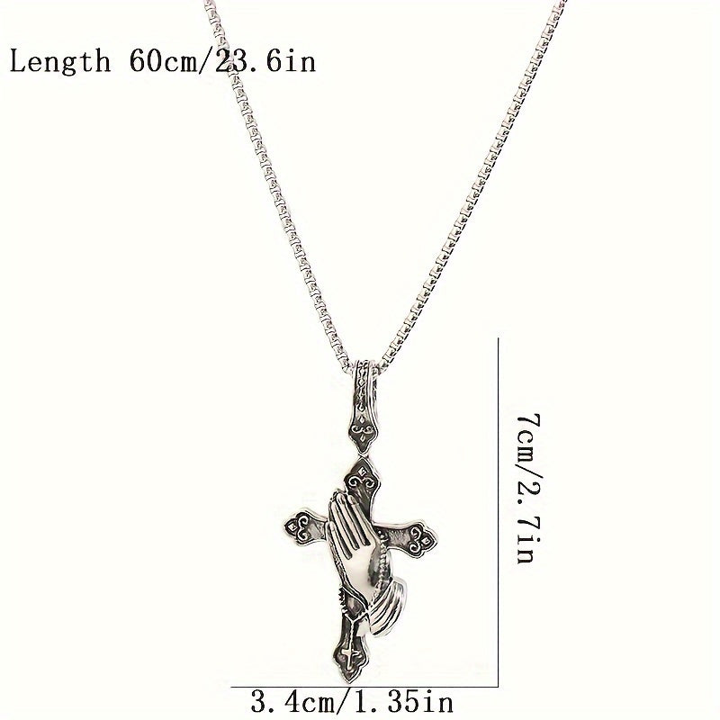 Stainless Steel Praying Hand Necklace with Cross Charm