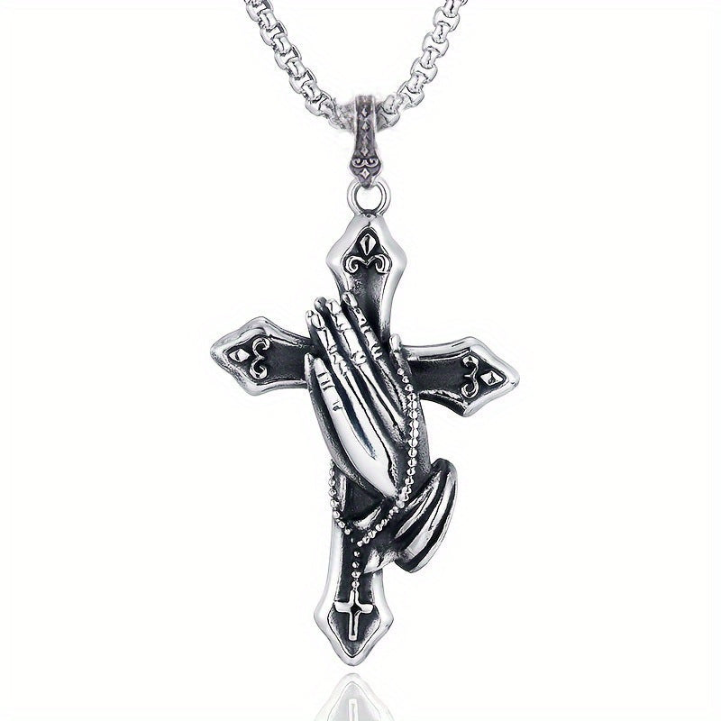 Stainless Steel Praying Hand Necklace with Cross Charm