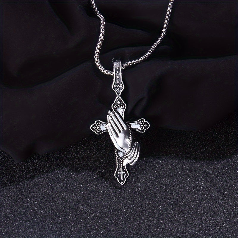 Stainless Steel Praying Hand Necklace with Cross Charm