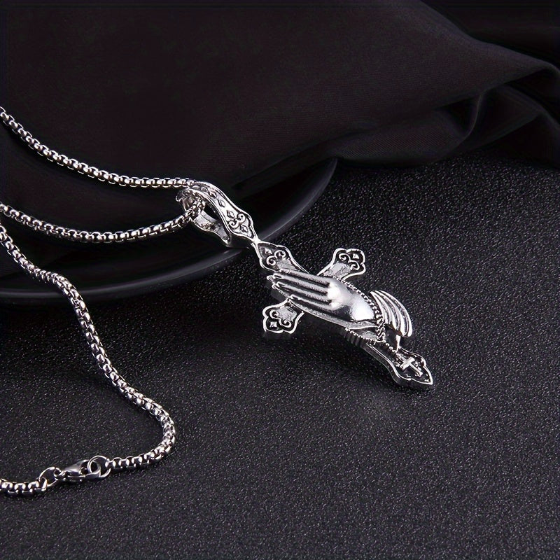 Stainless Steel Praying Hand Necklace with Cross Charm