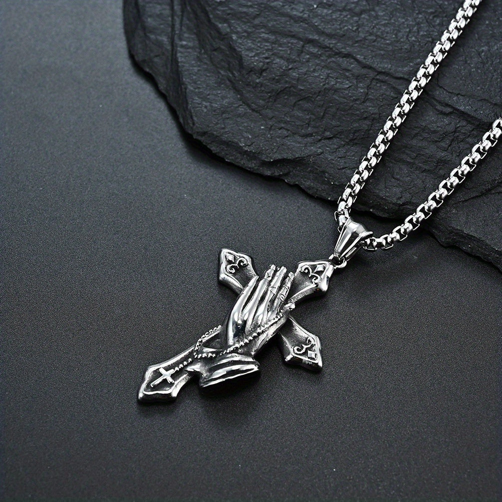 Stainless Steel Praying Hand Necklace with Cross Charm