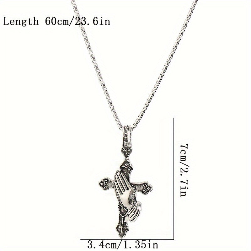 Stainless Steel Praying Hand Necklace with Cross Charm