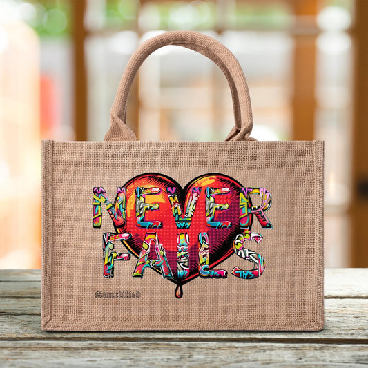 LOVE NEVER FAILS- Custom Reusable Jute Burlap Tote Bag