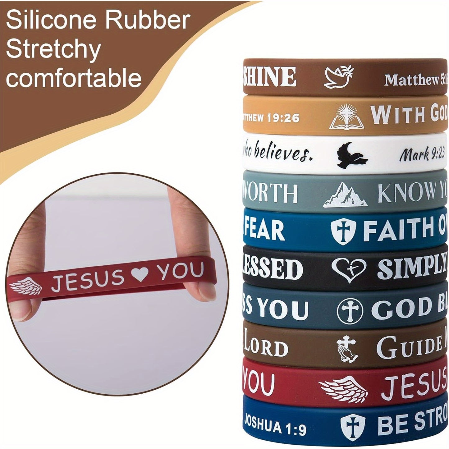 10/20 Pack Silicone Wristbands with Bible Verses - Comfortable Faith-Based