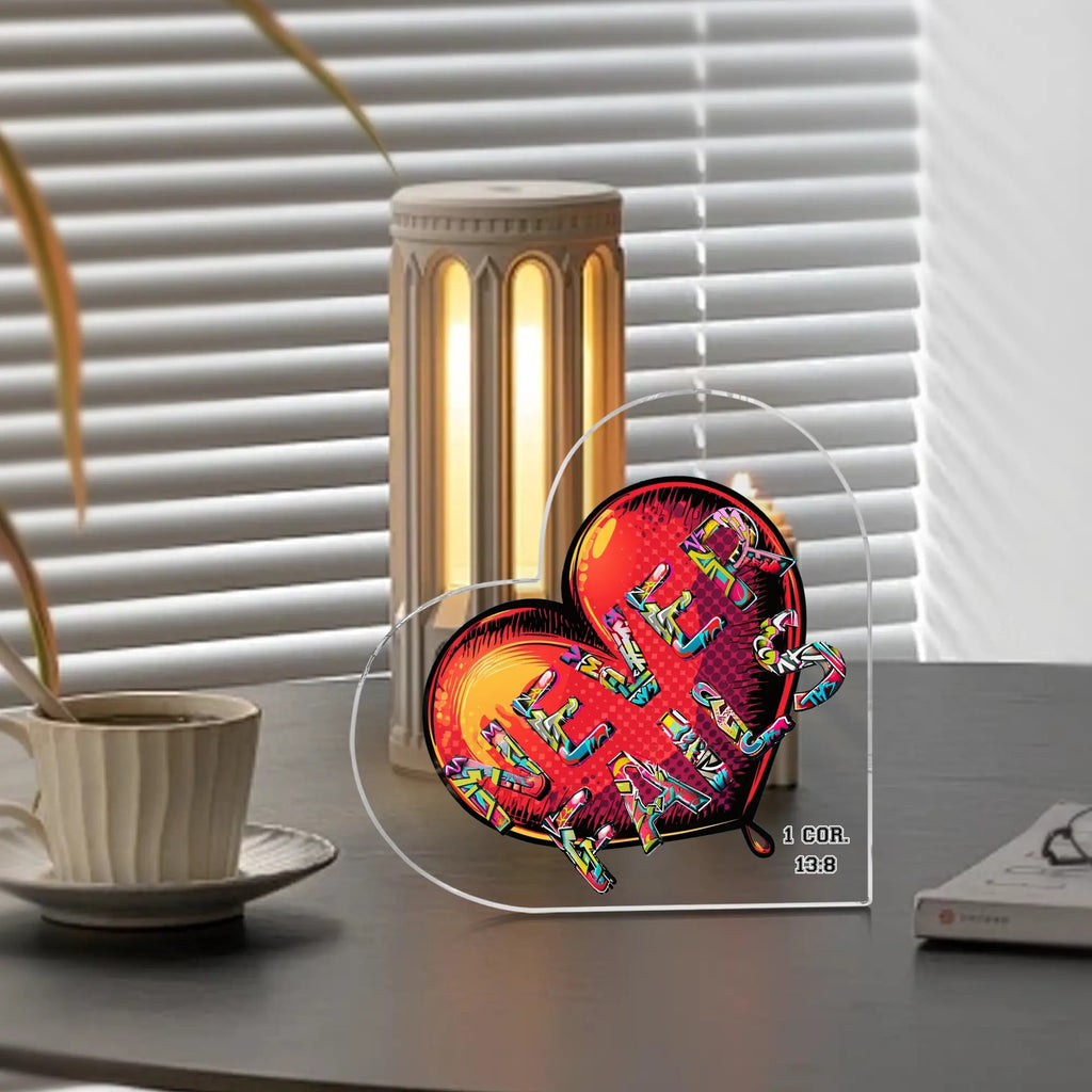 LOVE NEVER FAILS- Heart Shaped Christmas Acrylic Keepsake, FREE SHIPPING