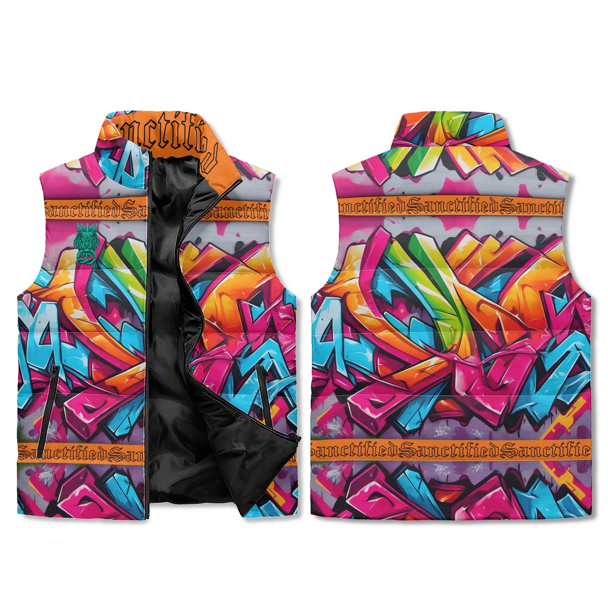 SANCTIFIED- Unisex Lightweight All Over Printing Stand Collar Zip Up Puffer Vest, FREE SHIPPING