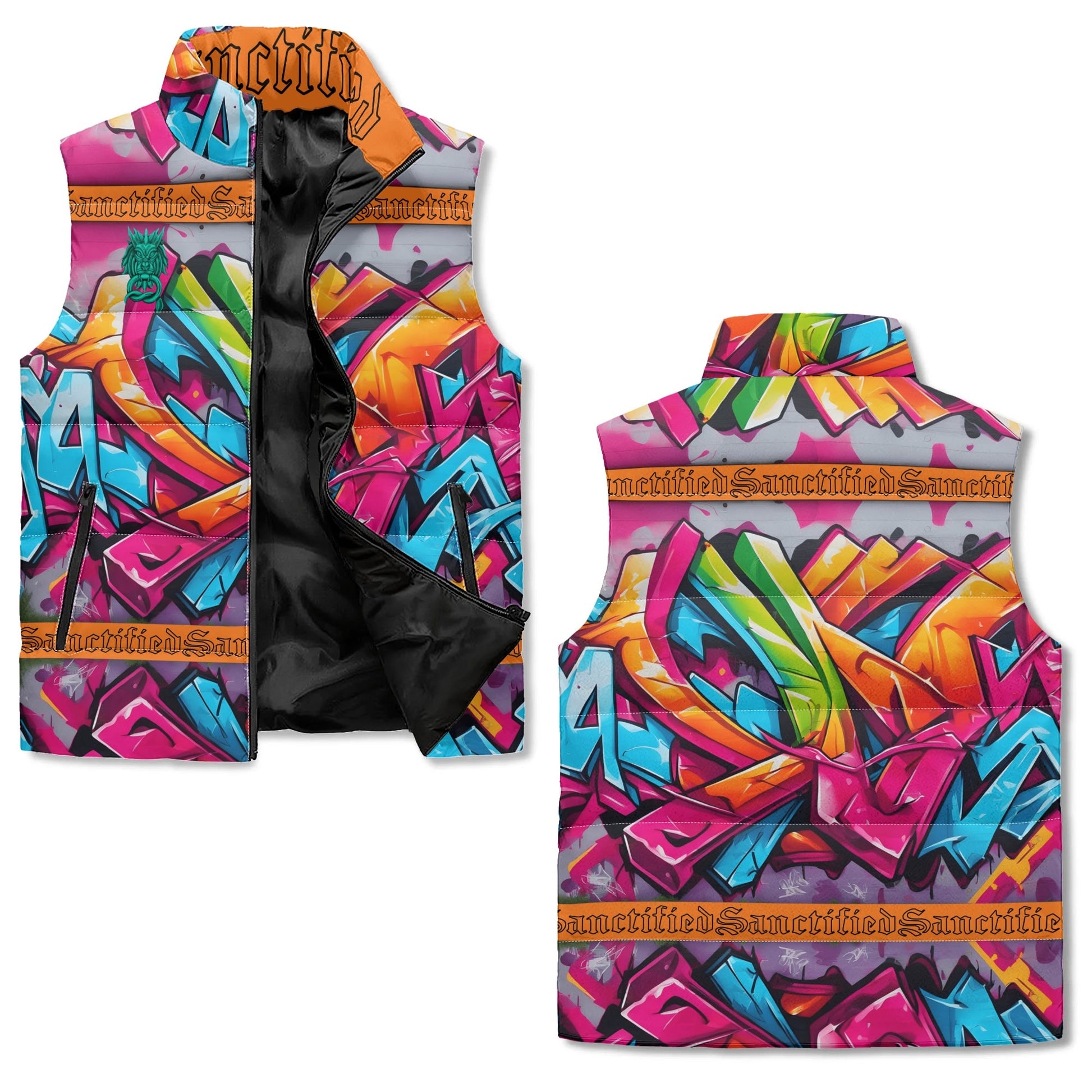 SANCTIFIED- Unisex Lightweight All Over Printing Stand Collar Zip Up Puffer Vest, FREE SHIPPING