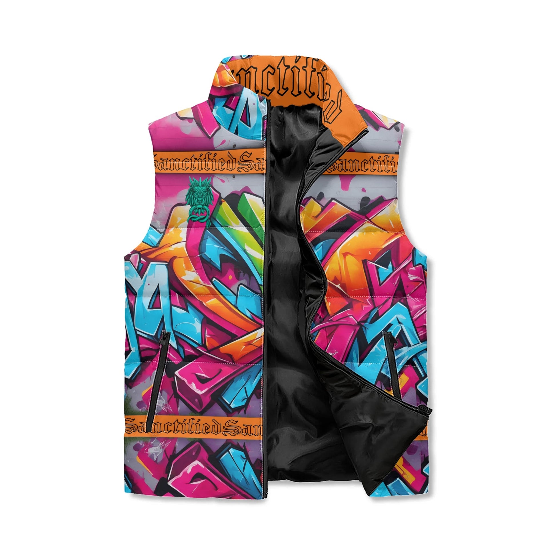 SANCTIFIED- Unisex Lightweight All Over Printing Stand Collar Zip Up Puffer Vest, FREE SHIPPING