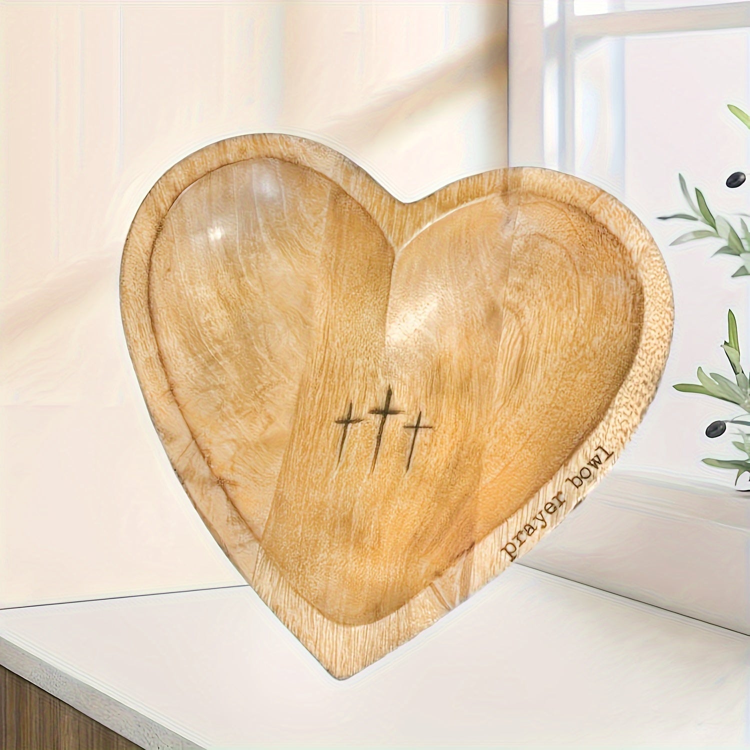 Wooden Prayer Bowl Heart-Shaped With Engraved Cross & "Prayer" Text