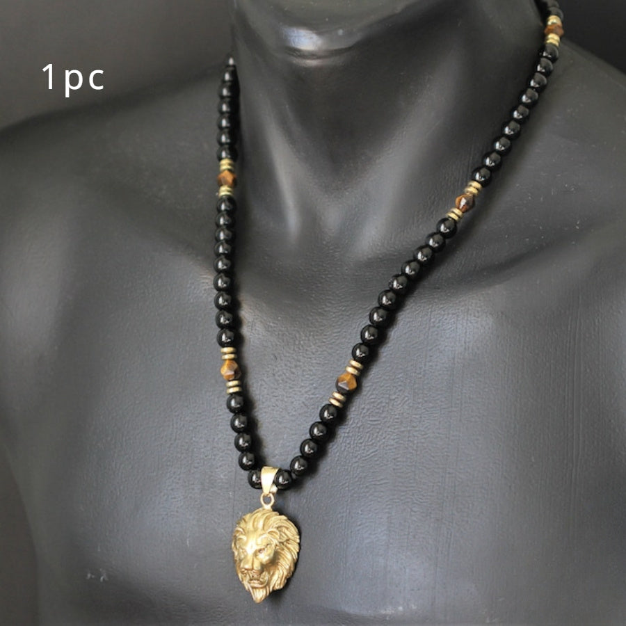 [Tiger Eye Lion Pendant] Natural Tiger Eye & Black Onyx Beads Fashion Lion Pendant Necklace