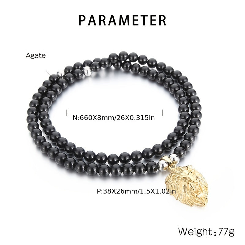 Lion Head Pendant Necklace with 8mm Black Agate Beads - Stainless Steel, 18K Golden Plated