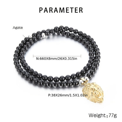 Lion Head Pendant Necklace with 8mm Black Agate Beads - Stainless Steel, 18K Golden Plated