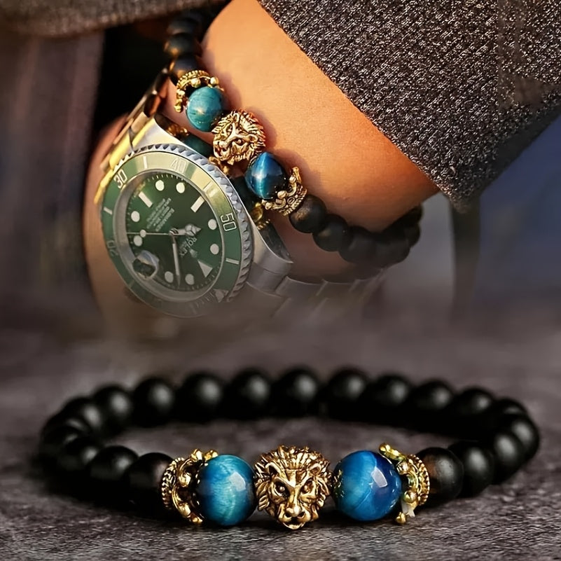 1pc Natural Yellow Tiger Eye Black Round Bead Elastic Bracelet