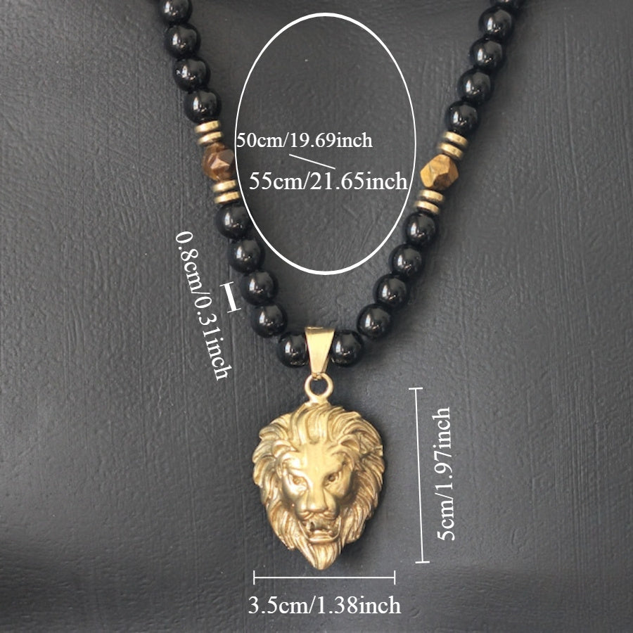 [Tiger Eye Lion Pendant] Natural Tiger Eye & Black Onyx Beads Fashion Lion Pendant Necklace