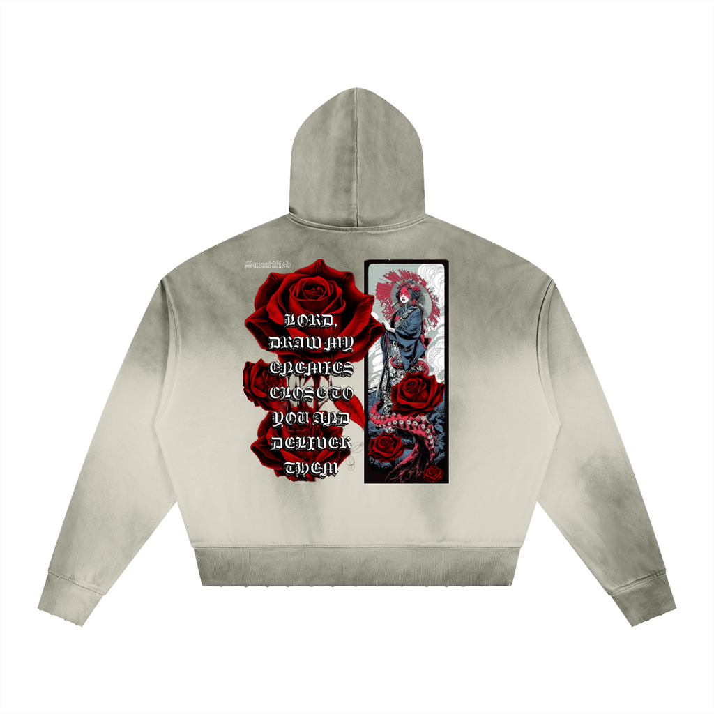 PRAY FOR YOUR ENEMIES- Unisex Sunfade Distressed Boxy Hoodie