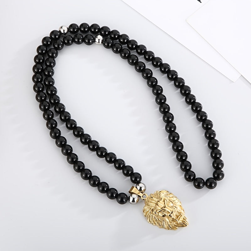 Lion Head Pendant Necklace with 8mm Black Agate Beads - Stainless Steel, 18K Golden Plated