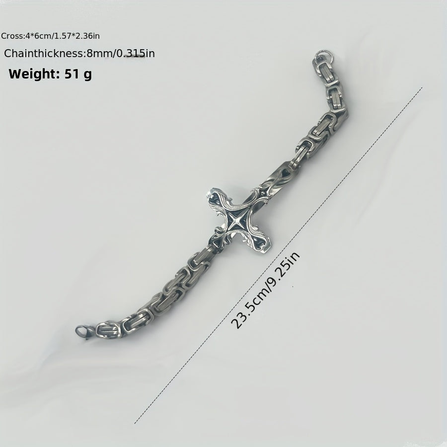 Thick Stainless Steel Cross Bracelet With 8mm Thick Emperor Chain