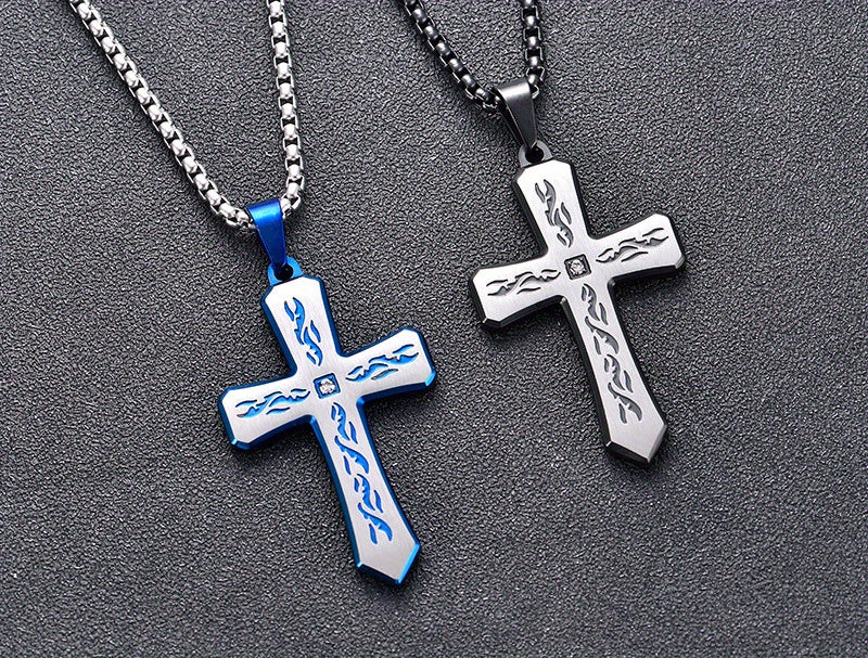 Stainless Steel Cross Pendant Necklace with Corroded Flame Design