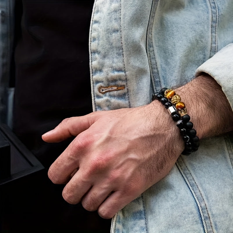 1pc Natural Yellow Tiger Eye Black Round Bead Elastic Bracelet