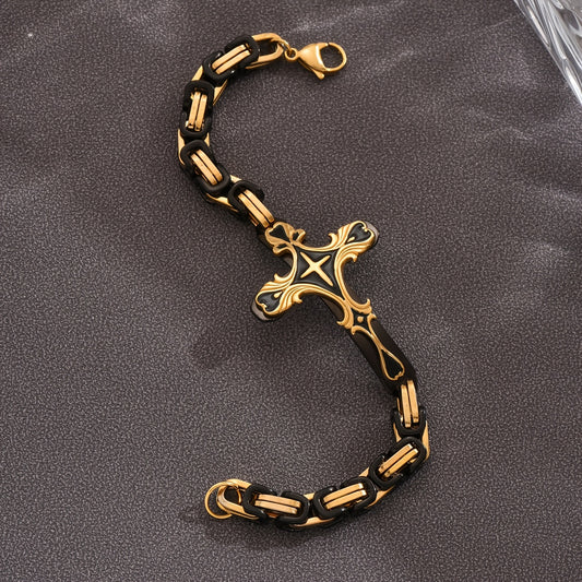Beautifully Carved Stainless Steel Cross 8 Thick Cuban Chain Bracelet