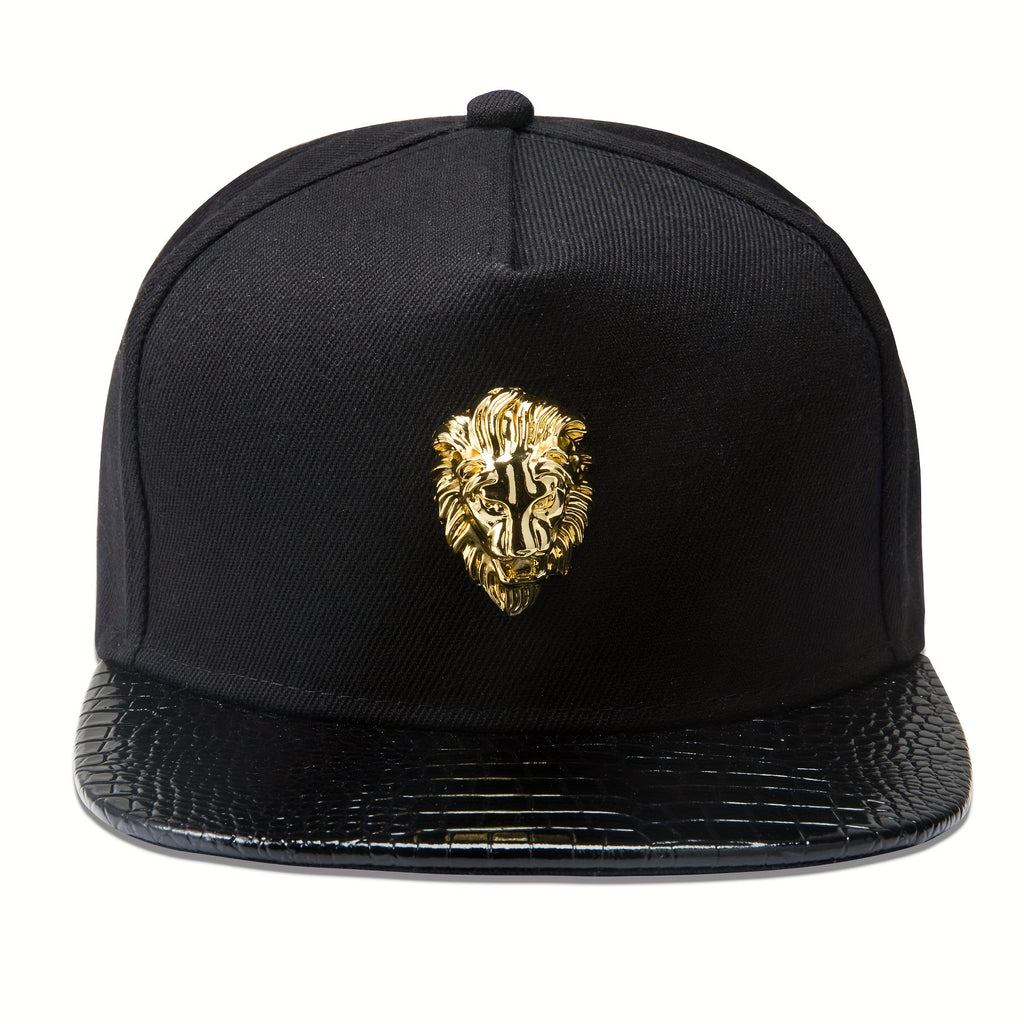 Hip-Hop Snapback Hat with Golden Lion Head Emblem