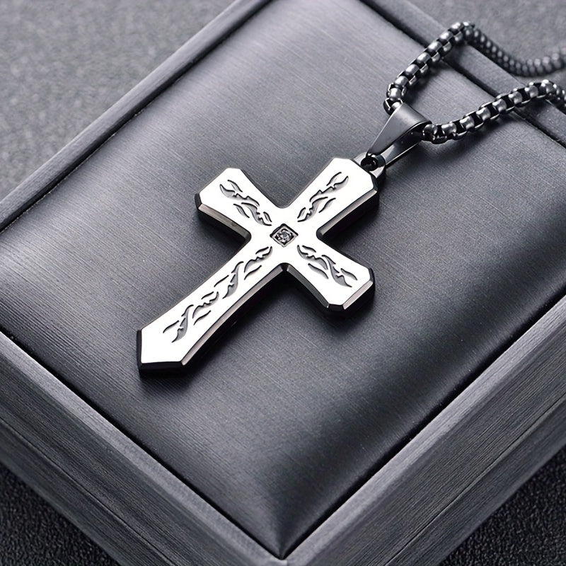 Stainless Steel Cross Pendant Necklace with Corroded Flame Design