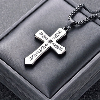Stainless Steel Cross Pendant Necklace with Corroded Flame Design