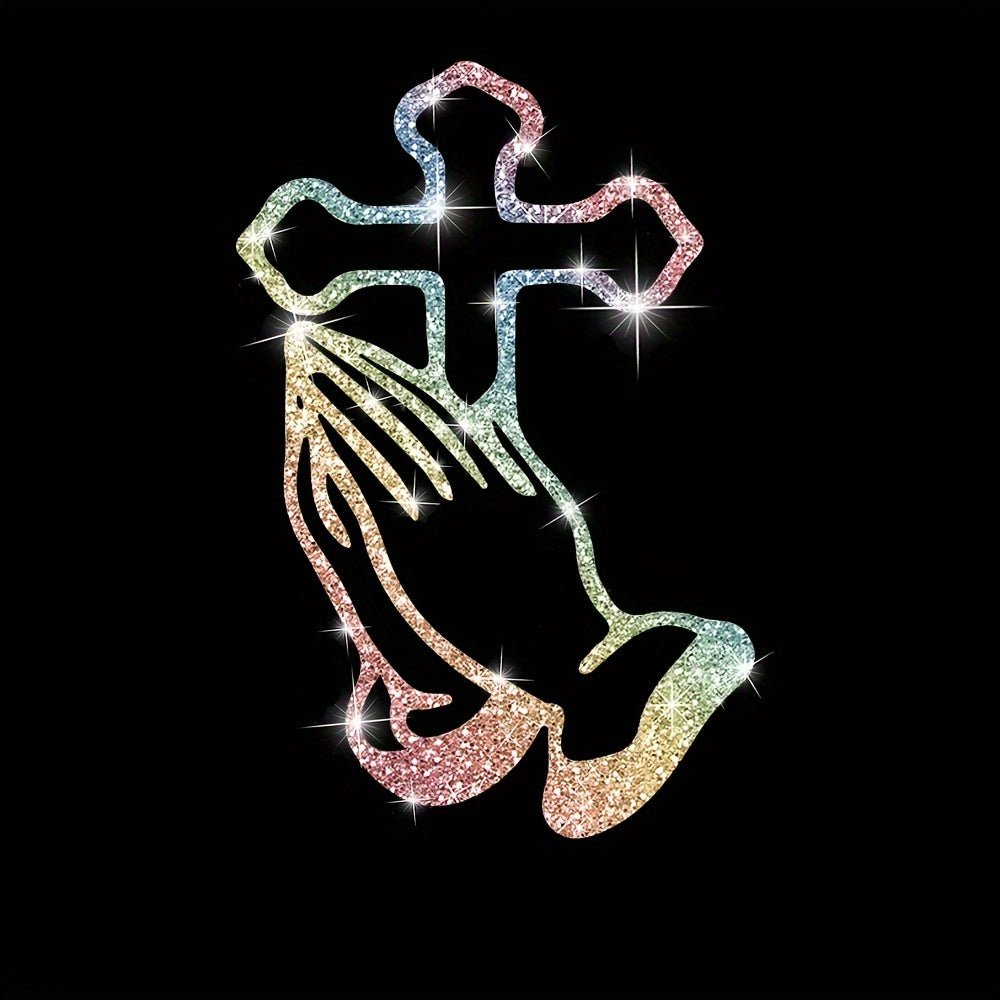 A Shiny Sticker Of A Cross With Hands Clasped In Prayer For Cars