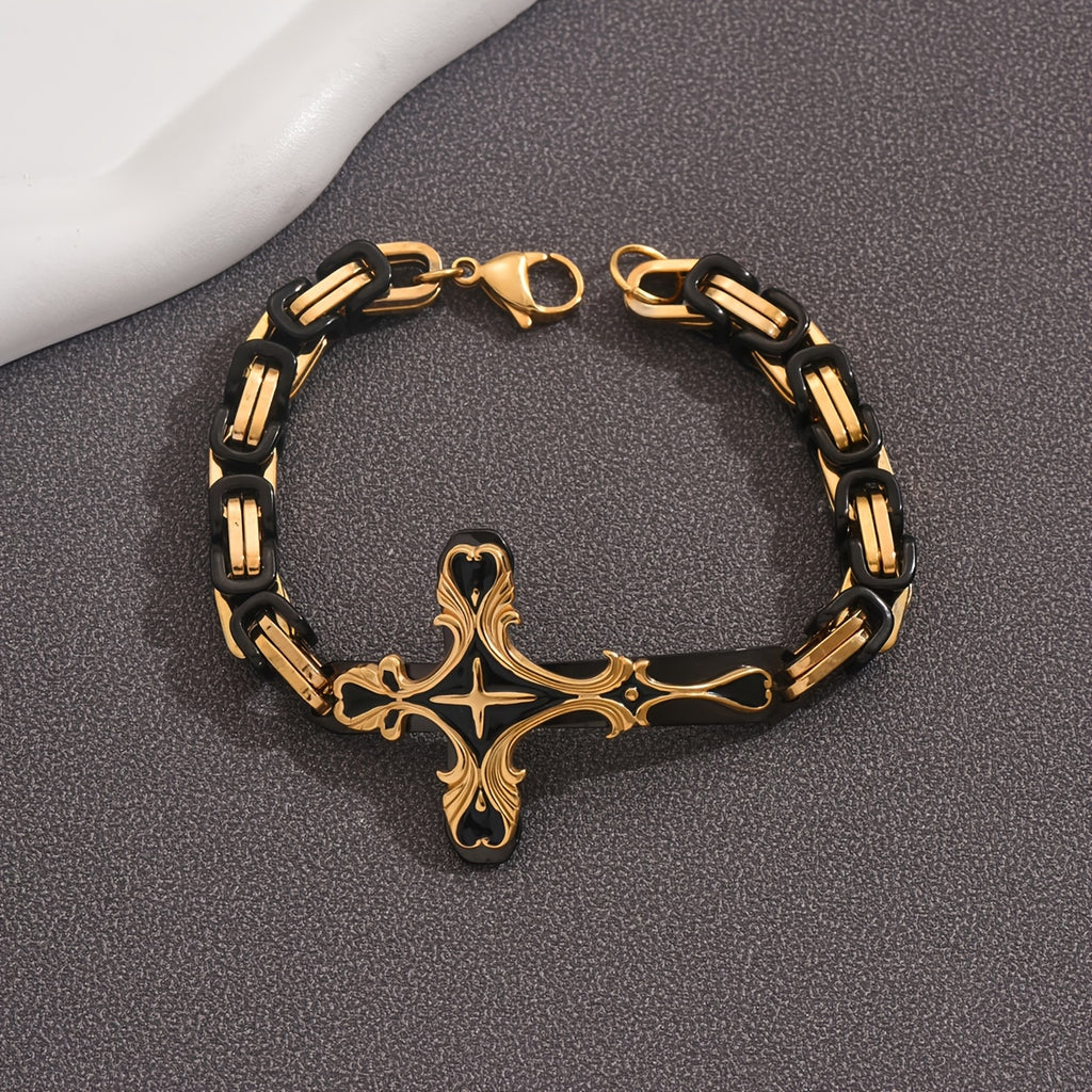 Beautifully Carved Stainless Steel Cross 8 Thick Cuban Chain Bracelet