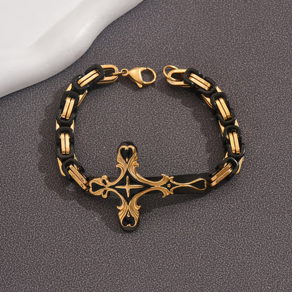 Beautifully Carved Stainless Steel Cross 8 Thick Cuban Chain Bracelet