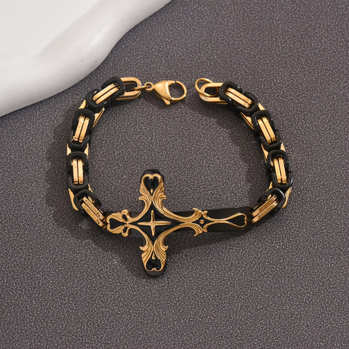 Beautifully Carved Stainless Steel Cross 8 Thick Cuban Chain Bracelet