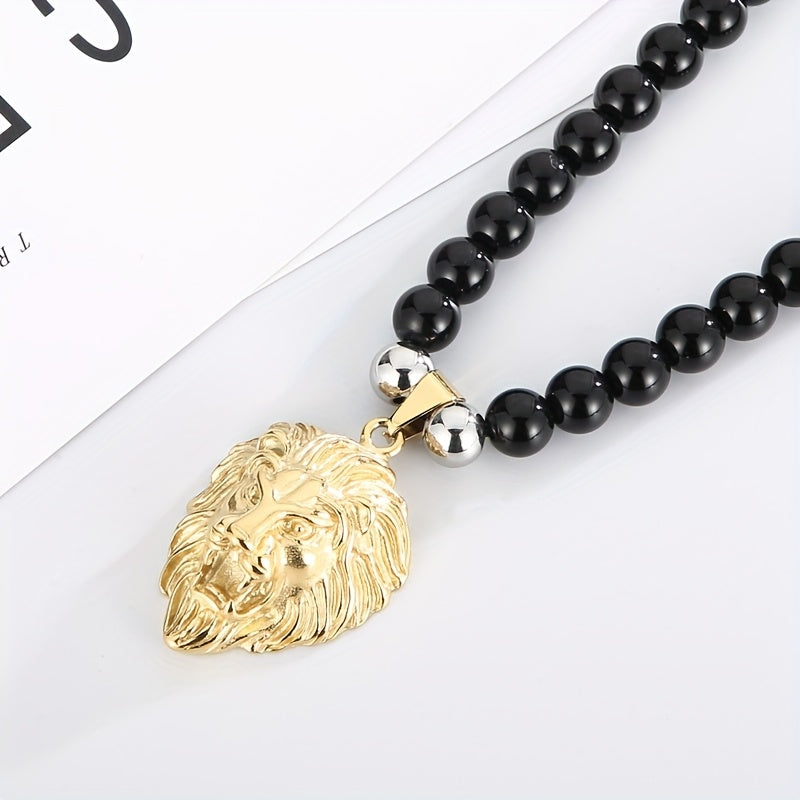 Lion Head Pendant Necklace with 8mm Black Agate Beads - Stainless Steel, 18K Golden Plated