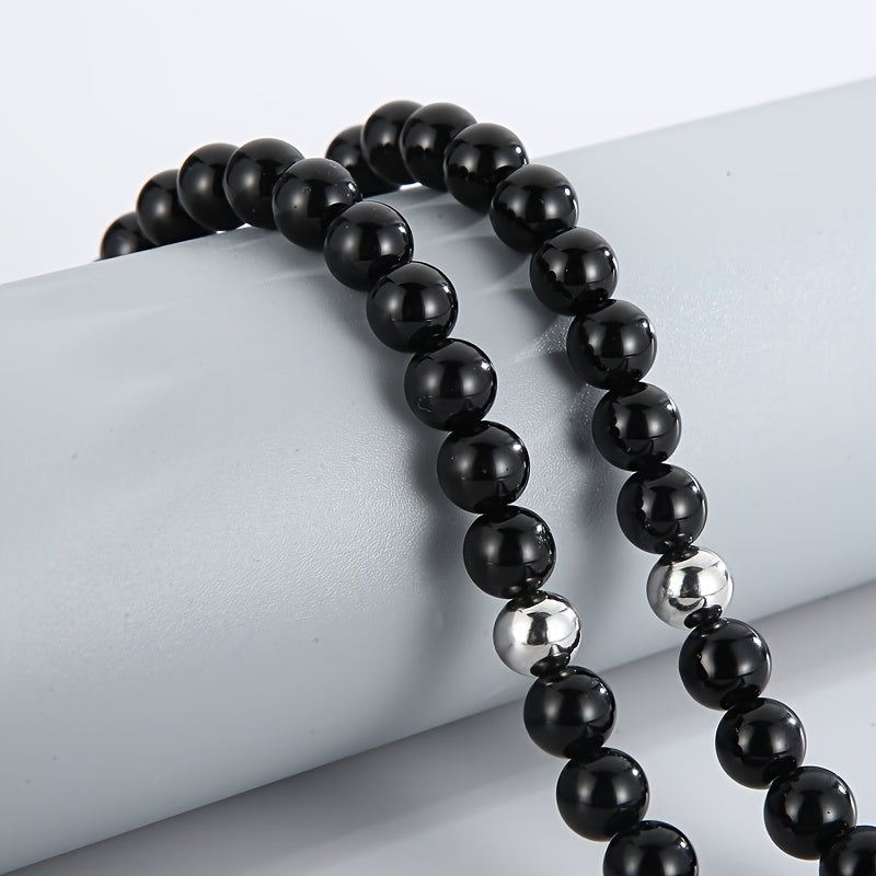 Lion Head Pendant Necklace with 8mm Black Agate Beads - Stainless Steel, 18K Golden Plated