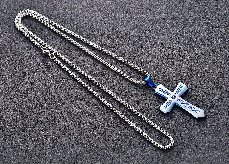 Stainless Steel Cross Pendant Necklace with Corroded Flame Design