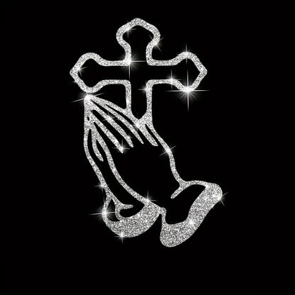 A Shiny Sticker Of A Cross With Hands Clasped In Prayer For Cars