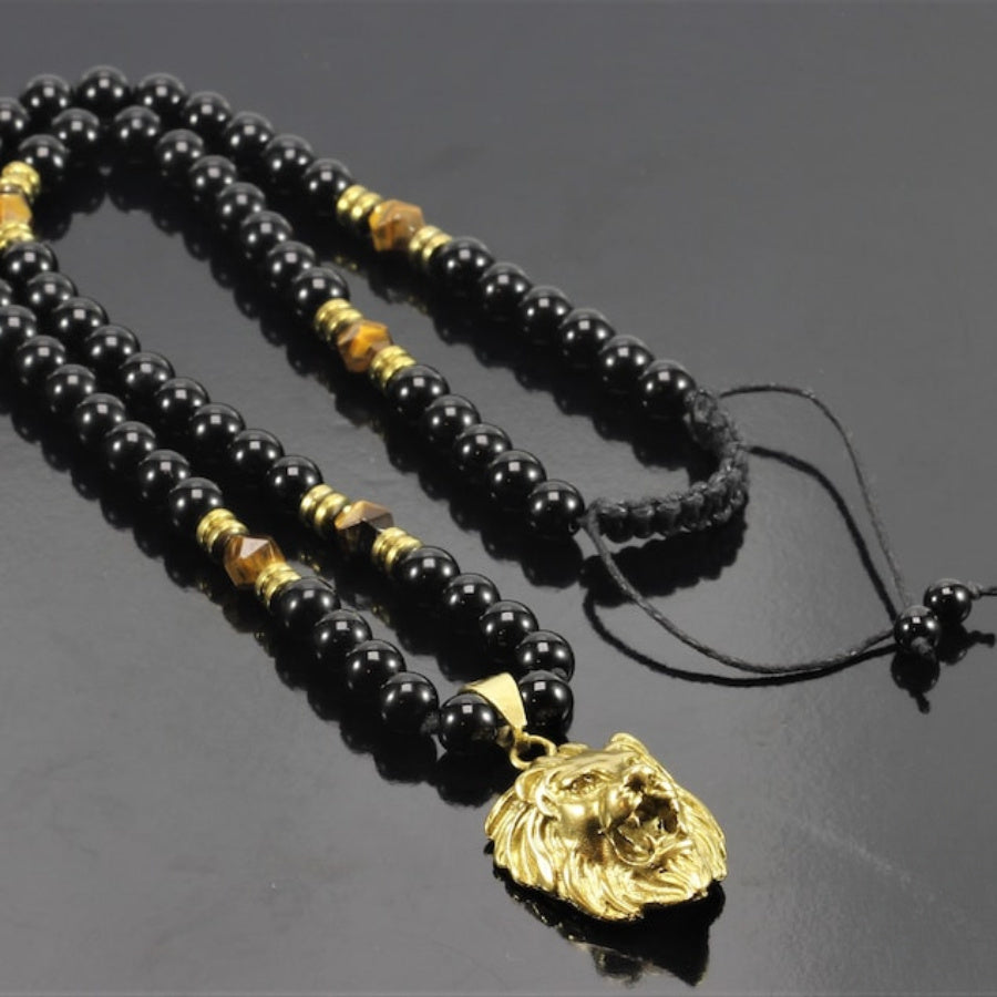 [Tiger Eye Lion Pendant] Natural Tiger Eye & Black Onyx Beads Fashion Lion Pendant Necklace